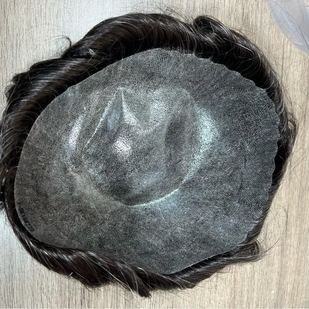 Dark Brown with Gray Human Hair Wavy 8x10 Inch Toupee Hair System